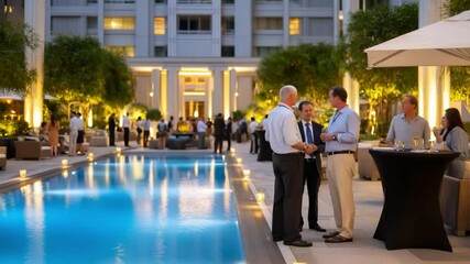Businessmen discussing near pool during evening cocktail party