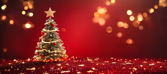 Shining Decorated Christmas Tree on Red Background, Copy Space for Holiday Greetings Message