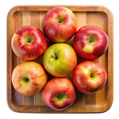 Overhead view of a wooden tray with seven vibrant ripe apples