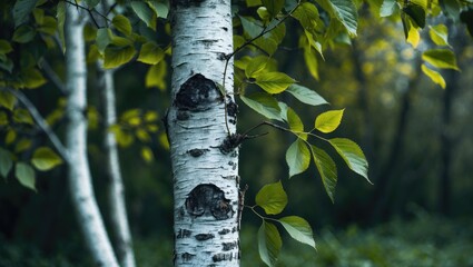 Fototapeta premium Birch tree with green leaves in a forest setting