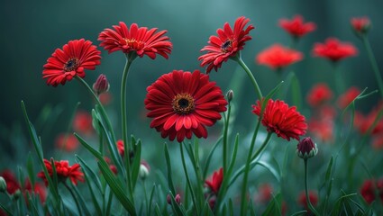 Obraz premium Red flowers in a garden with green foliage and a blurred background.