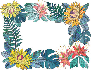 A colorful vector illustration of a tropical floral frame with bright flowers and lush green leaves arranged around the border