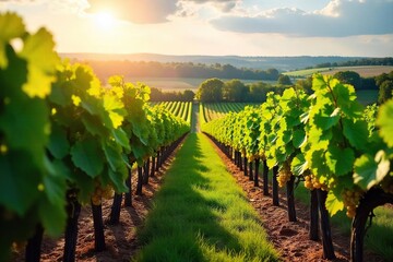 Naklejka premium Sun-drenched rows of grape vines stretching to the horizon, lush green leaves and ripening fruit A picturesque vineyard landscape at harvest time , healthy, plant, landscape