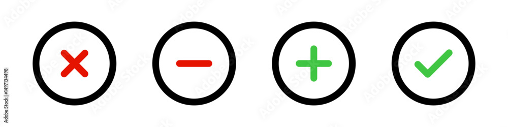 Poster set of green check marks, red cross signs, checkbox list vector icon. checklist signs in round shape