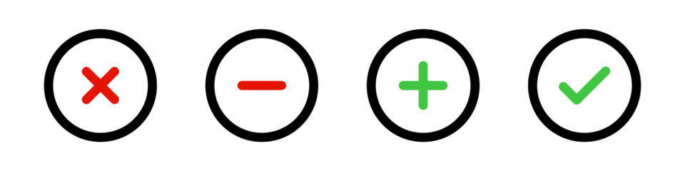  Set of Green check marks, red cross signs, checkbox list vector icon. Checklist signs in round shapes. Green tick and red x check mark button collection isolated on white background.Plus, minus icons