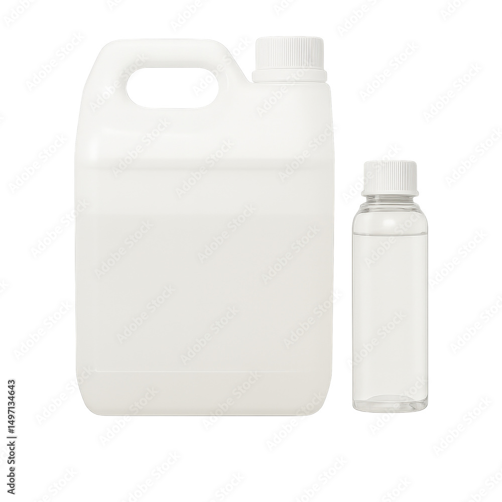Poster white plastic container and clear bottle with white caps isolated on transparency background, clean 