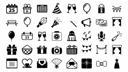Celebratory icons for birthdays weddings graduations and more in a simple clean black and white