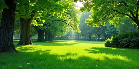 Naklejka premium Serene green leaf park scene, lush foliage, vibrant green grass, sunlight dappling through trees, tranquil atmosphere, perfect for relaxation , wilderness, ecosystem, rest