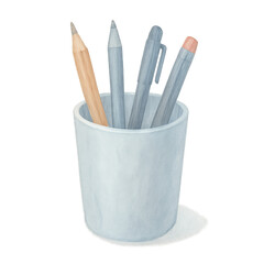Fototapeta premium Pencil holder with pencil, pen, marker, and eraser in soft pastel colors on transparency background