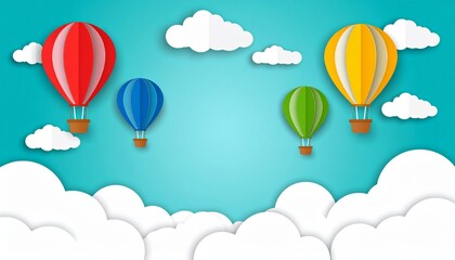 Fototapeta premium Colorful hot air balloons flying in a summer sky with clouds and a rainbow, a fun cartoon illustration of travel and adventure