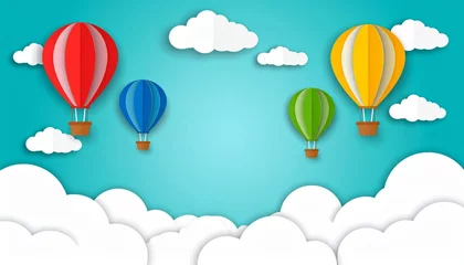 Wanddecoratie Luchtballon Colorful hot air balloons flying in a summer sky with clouds and a rainbow, a fun cartoon illustration of travel and adventure  © EnelEva