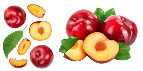 fresh red plum and half isolated on white background with copy space for your text. Top view. Flat lay