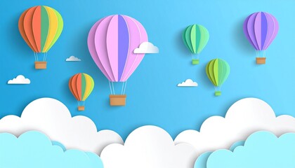 Colorful hot air balloons flying in a summer sky with clouds and a rainbow, a fun cartoon illustration of travel and adventure