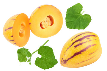 Fresh Pepino fruit isolated on white background. Top view, flat lay