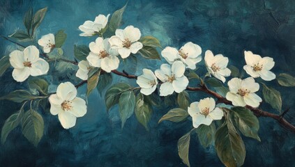 Delicate white blossoms on a branch, painted on a teal background