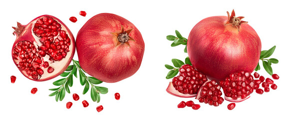 Pomegranate isolated on white background with  full depth of field. Top view. Flat lay