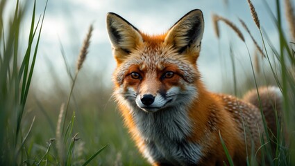 Naklejka premium A fox in a natural grassy environment with tall grass and a blurred background.