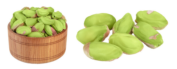 peeled pistachio in wooden bowl isolated on white background with  full depth of field