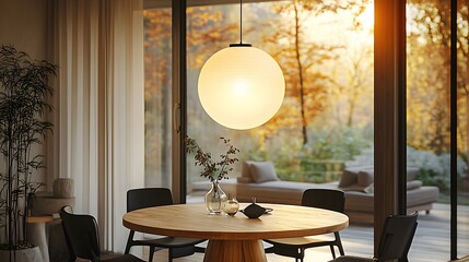 Warm Autumnal Dining Room with a Round Wooden Table and a Stylis