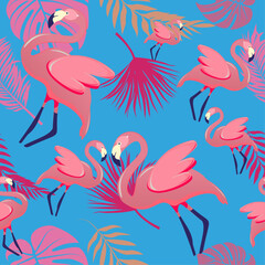 seamless pattern with birds and flowers Pink flamingos surrounded