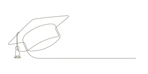 Graduation cap continuous one line drawing. Festive graduation from university. Vector isolated illustration with copy space