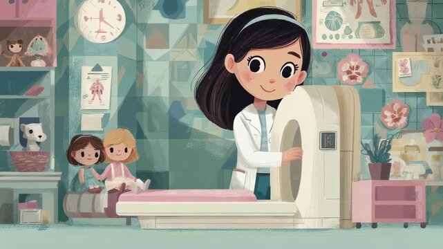 Cartoon animation depicts a young girl, dressed as a doctor, carefully placing a doll into an mri machine within a colorful, toy filled clinic setting