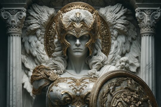 Marble statue of Athena with shield and owl in a temple niche showcasing Greek mythology