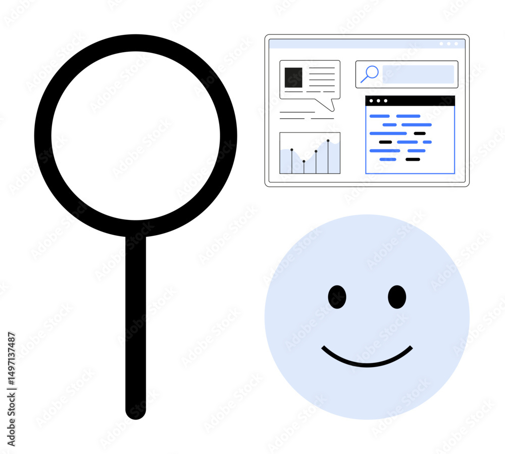 Poster magnifying glass, smiling face, and analytics screen combine key elements symbolizing search improve