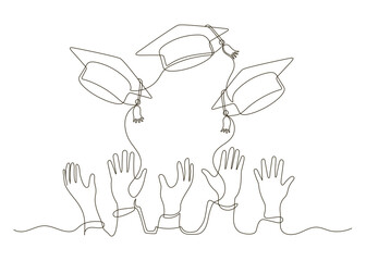 Graduates throws their graduation cap with his hand continuous one line drawing. Festive graduation from university. Vector illustration