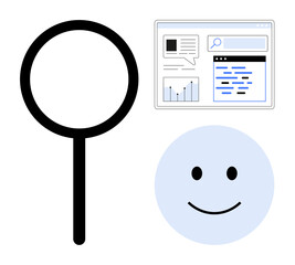 Magnifying glass, smiling face, and analytics screen combine key elements symbolizing search improvement, results analysis, and user satisfaction. Ideal for technology, SEO, marketing, research UX