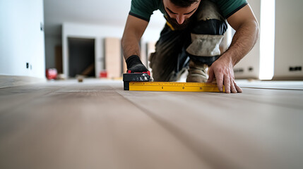 Construction Worker Measuring Flooring