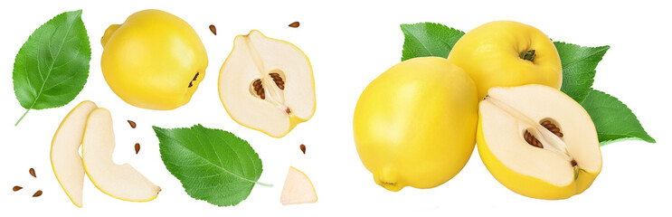 Fresh quince with half and slices isolated on the white background with  full depth of field. Top...