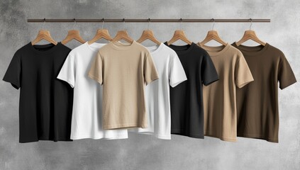 Blank t-shirts on wooden hangers