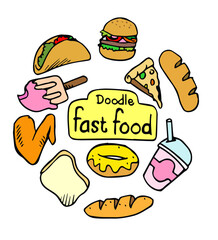  Fast food set of elements in a cute kawaii doodle style. Vector isolated junk food illustration.

