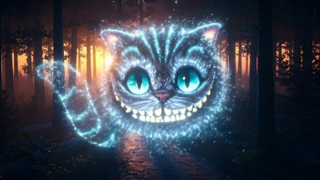 Glowing Feline Figure Cheshire Cat Appearing in Spooky Dark Forest Digital Art Fantasy Themes