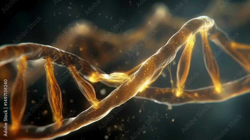Poster luminous golden particles swirling around rotating double helix structure, revealing intricate genet