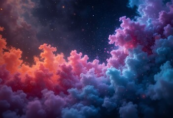 Vivid contrasting clouds illuminated by colorful light in a starry night sky