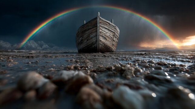 Noah's Ark resting on the ground with a vibrant rainbow above and mountains in the background