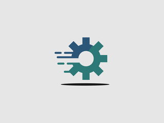 A modern logo featuring a stylized gear in shades of blue and teal