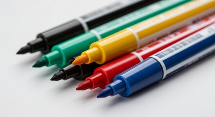 Assorted colored whiteboard markers resting on a bright surface for writing use