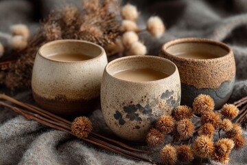 Three Textured Ceramic Cups with Dried Flowers