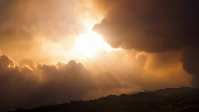 A vast volcanic ash and dust cloud forms dramatic patterns in the sky. Sunlight pierces through, creating cinematic rays that illuminate the darkened atmosphere