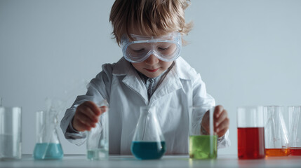 child wearing a small lab coat and protective goggles doing a basic science experiment with colored liquids in beakers
