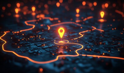 creative map with glowing navigation pins and interconnected routes, symbolizing urban planning and futuristic travel solutions, Generative AI