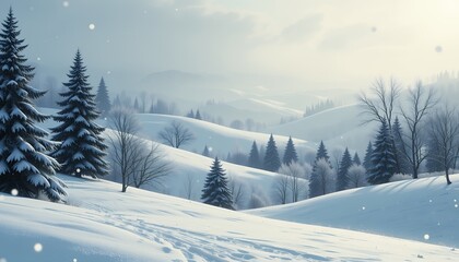Obraz premium Serene winter landscape with snow-covered hills and evergreen pine trees in soft daylight