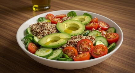 Delicious and healthy salad bowl with avocado, tomatoes, and quinoa