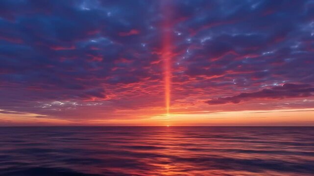 Cinematic sunset over ocean with sun pillar phenomenon. 4K Video
