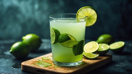 Fototapeta premium A refreshing lime drink with slices of lime and mint in a glass on a wooden board. Fresh limes and lime slices surrounding the drink.