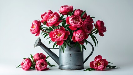 Obraz premium Pink peonies in a watering can with fallen flowers, floral arrangement, garden flowers, and nature.