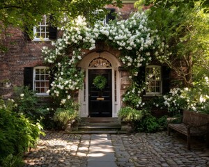 Brick House Entrance with White Flower Vines